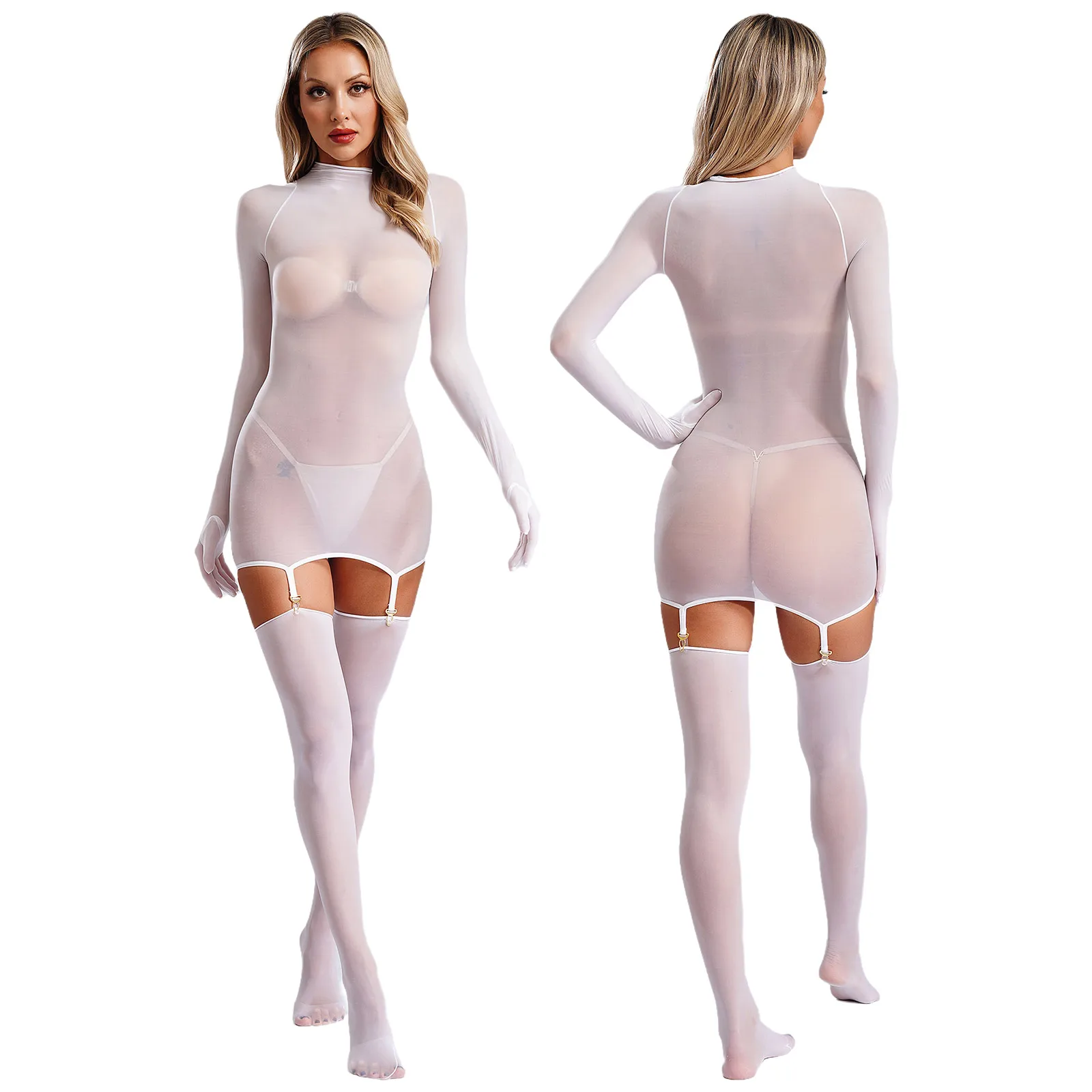 Body transparente largo para mujer, mono, medias con tirantes, conjunto de pareja, juego de rol, ropa interior divertida, disfraz de Lingrie elástico