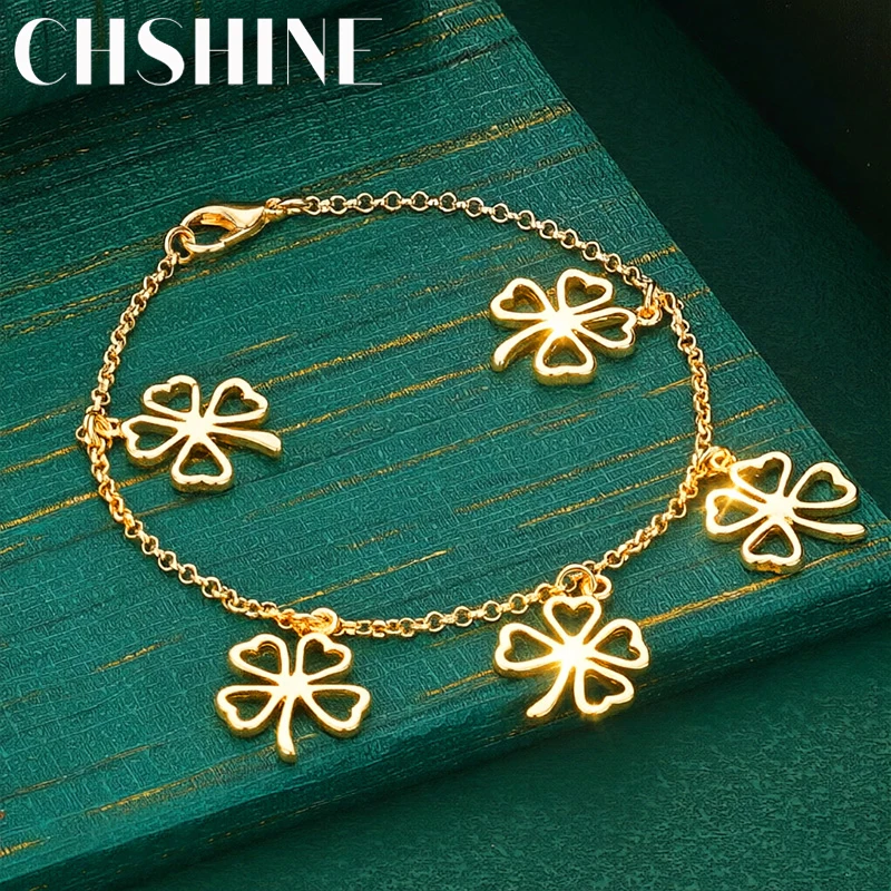 925 Sterling Silver 18K Gold  Clover Charm Bracelet Women Hollow Four‑Leaf Clover Dangle Chain Lucky Fine Jewelry Gift