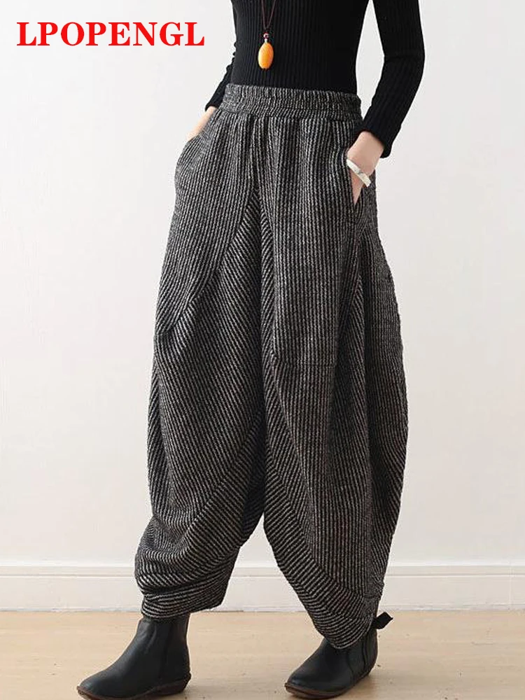 Autumn And Winter New Original Design Warm Striped Knitted Literary Vintage Wide-leg Bloomers Thickened Loose Pants Women