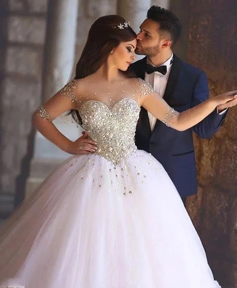 Luxo sheer colher pescoço mangas compridas vestido de casamento frisado vestidos de noiva árabe dubai para as mulheres tule vestidos de novia personalizado