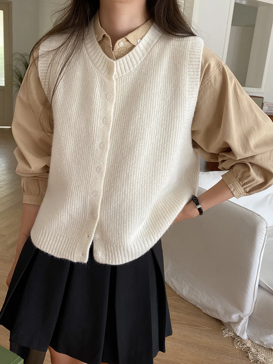 

Korobov French Sweet All Match с круглым вырезом Свободный однобортный однотонный вязаный жилет для женщин