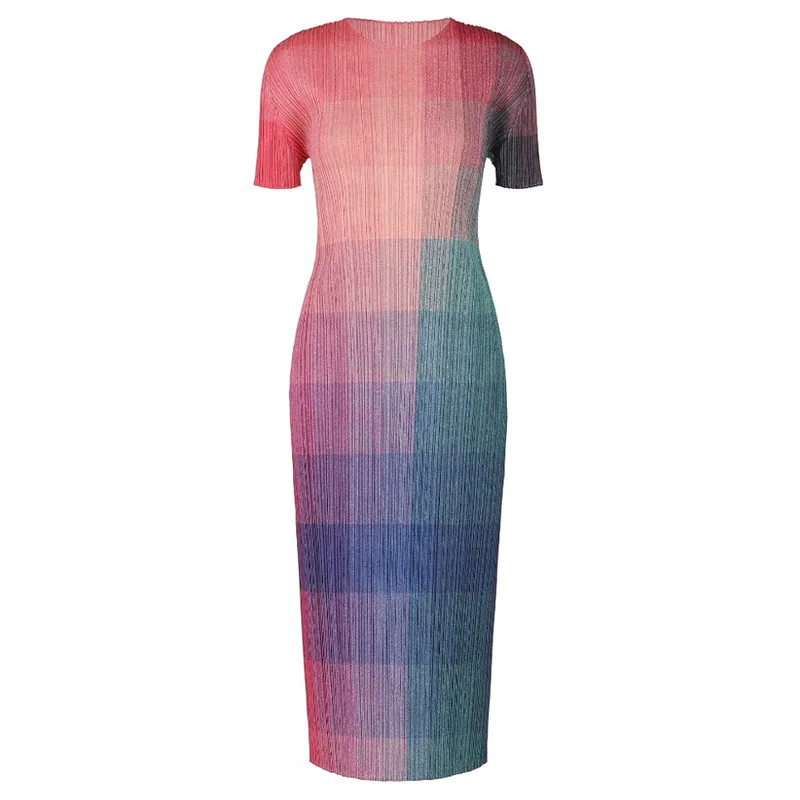 ISSEY Printed Color Gradient Gradual-Length Slim-Fitting Round-Neck Short-Sleeve Ruffled Dress