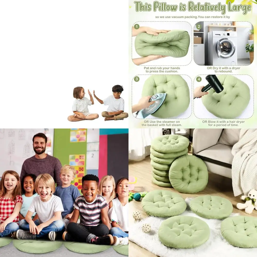 

Set of 12 Green 16 Round Floor Cushions for Kids & Adults - Perfect for Reading, Seating, and Playtime at Home, School, or Class