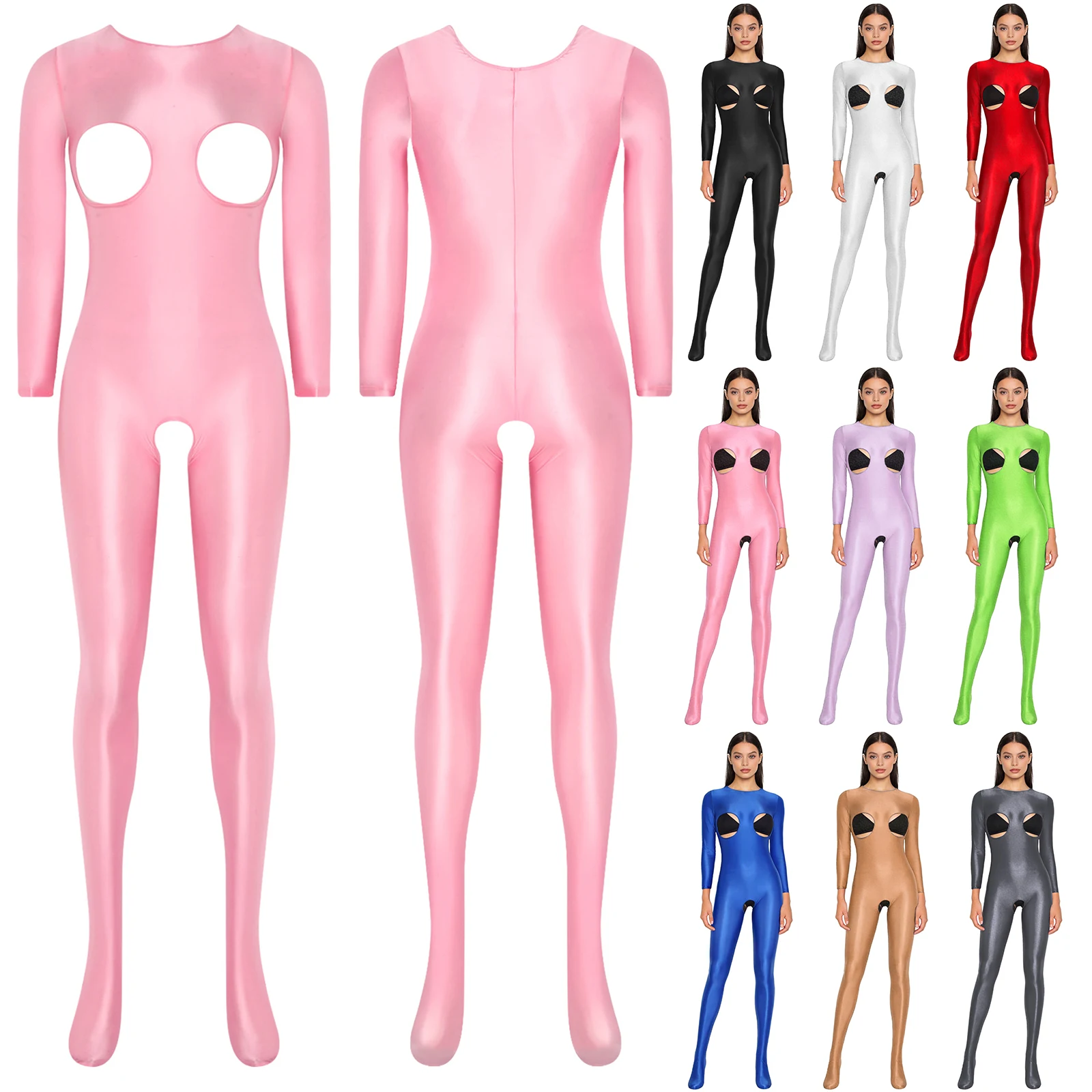 

Womens Sexy Glossy Lingerie Bodyuit Oil Shiny Stretchy Crew Neck Hollow Out Open Cup Crotchless Unitard Long Sleeve Bodystocking