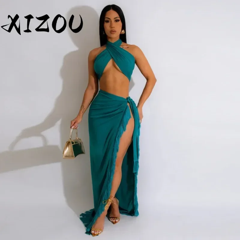 

XIZOU Sexy 2 Piece Set Women Hipster Solid Wrap Chest Top and Tassel Bandage Split Maxi Skirts Matching 2025 Vacation Outfits