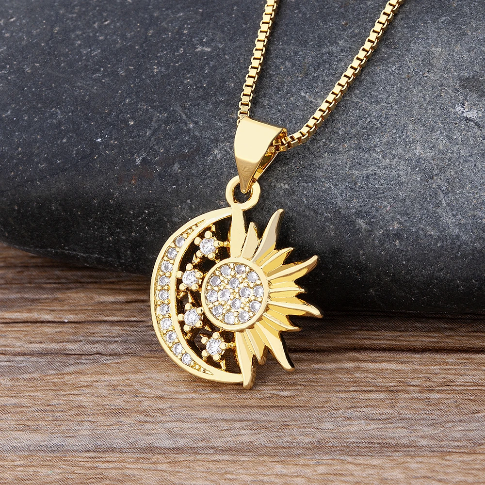 Nidin New Fashion Sun Moon Shape Pave Shiny Crystal Zircon Pendant Necklace For Female Mother\'s Day Jewelry Accessories Gifts