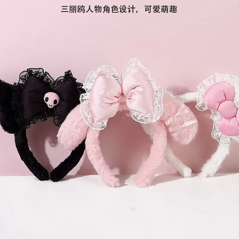 NEW Hello Kitty Plush Hairband My Melody Kuromi Pink Black Bow Plush Headband Cosplay Halloween Costume Hair Accessory Girl Gift