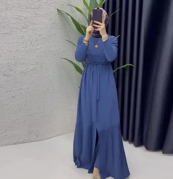 

2025 New Women's Split Fold Long Sleeve Strap Waist Solid Color Long Dress