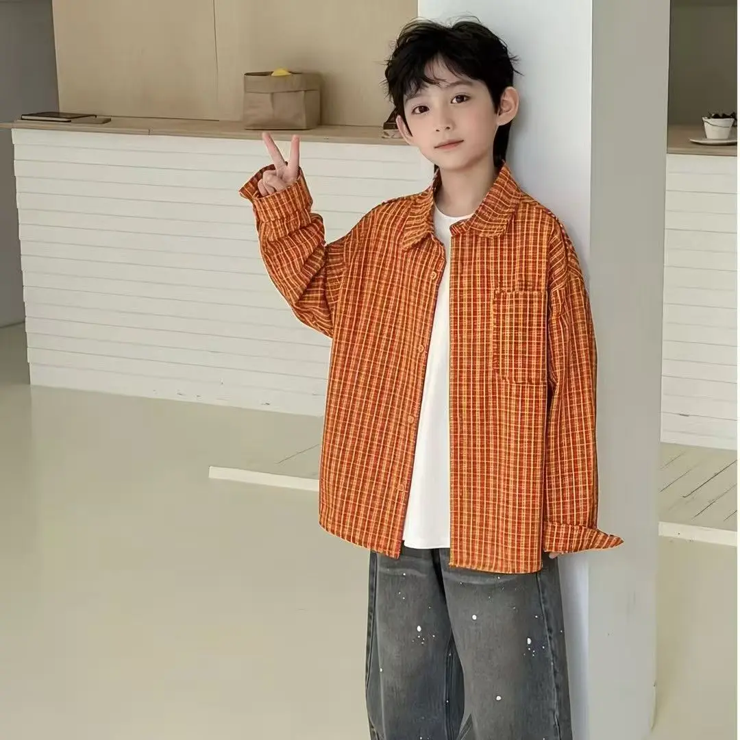 Boys And Girls American Retro Orange Long Sleeved Checkered Shirt For Spring And Autumn Loose Dopamine Plaid Shirt