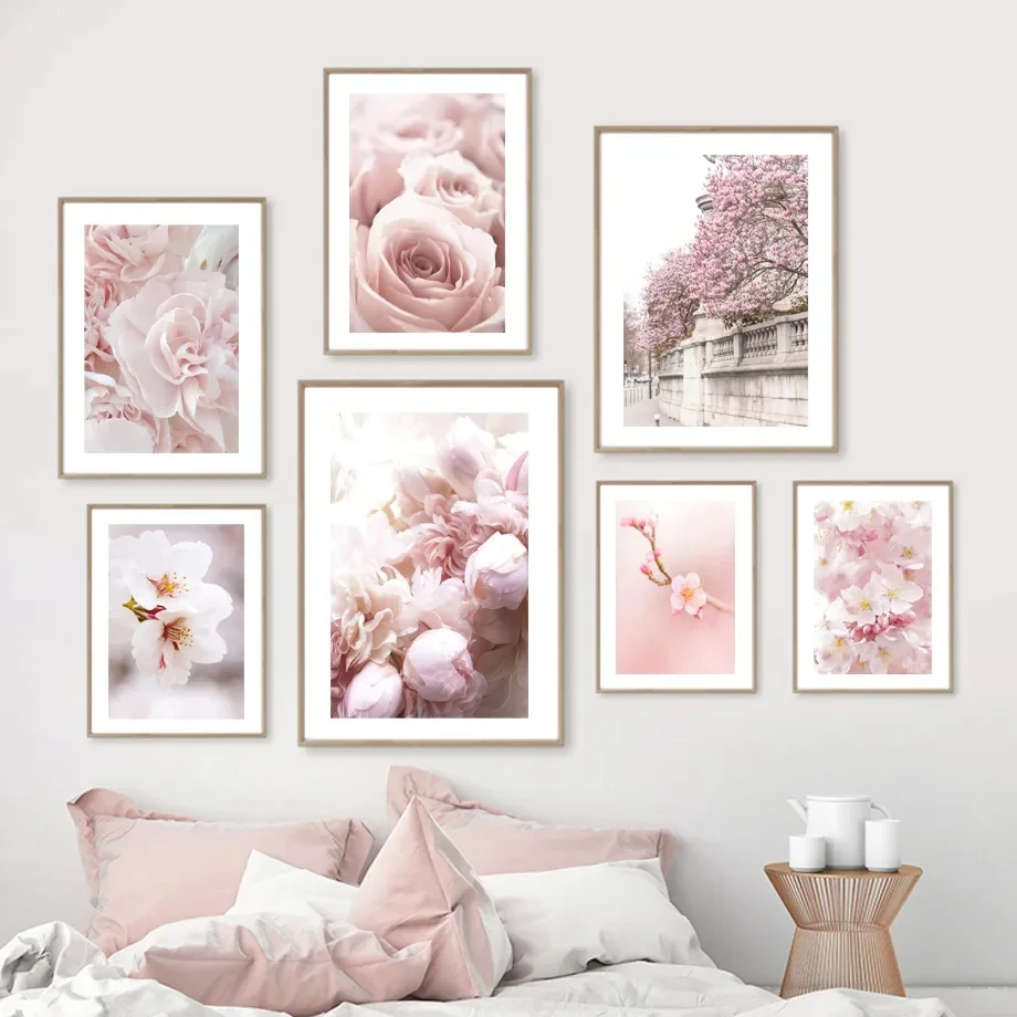 Wall Art Canvas Painting Landscape Pink Cherry Blossoms Rose Peonies Orchids Posters and Prints Living Room Home Decoration