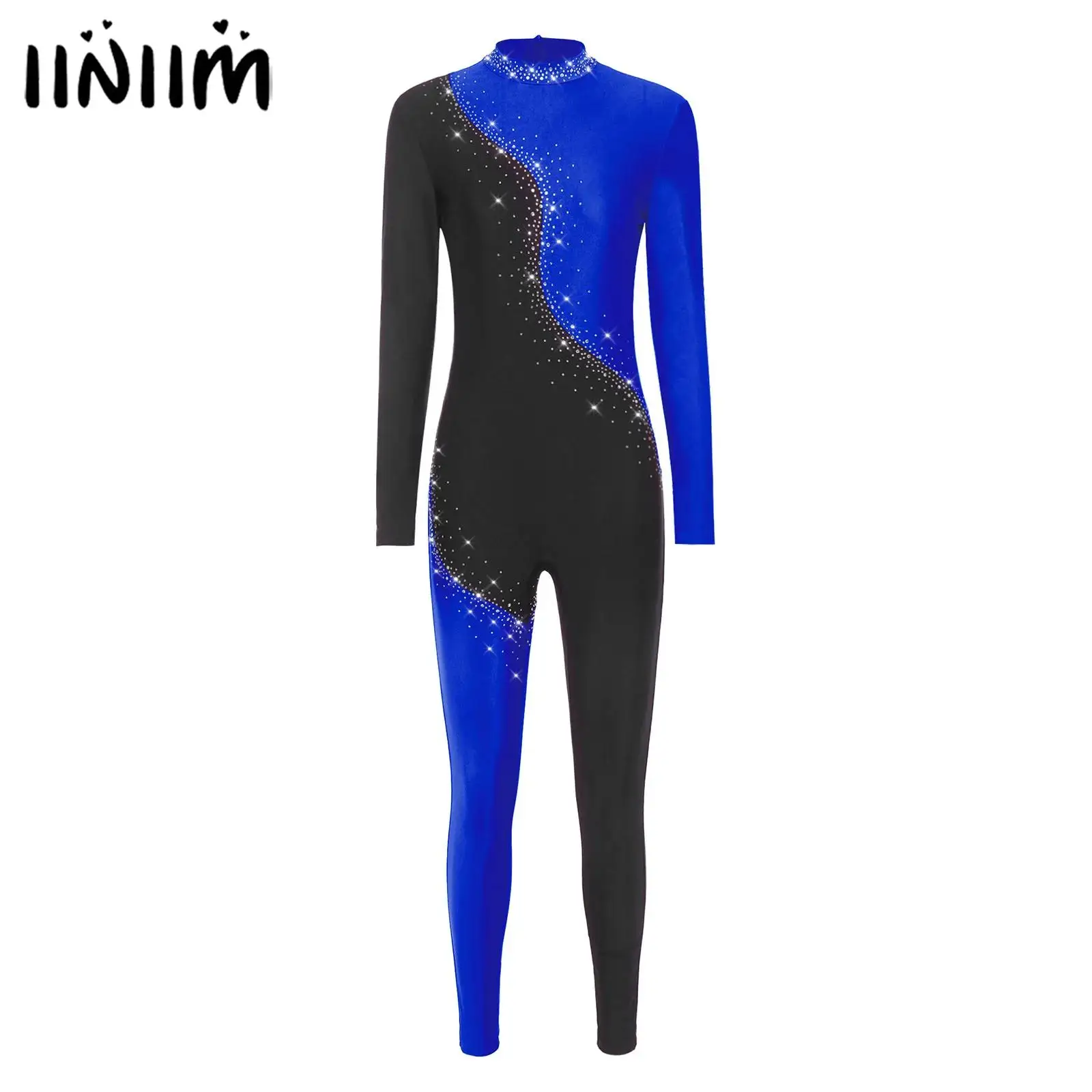 

Womens Rhinestones Gymnastic Figure Skating Ballet Dance Unitard Jumpsuit Long Sleeve Long Pants Back Zipper Full-body Bodysuit