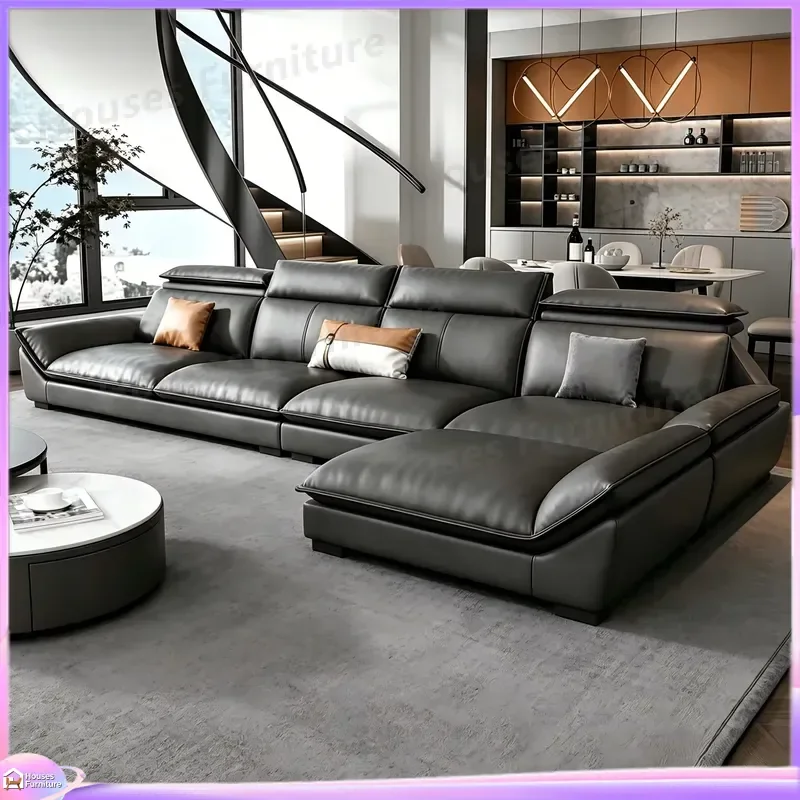 Modern L Shape Leather Sofa Set Italian Luxury Corner Couch Full Grain Brown Living Room Furniture Large Sectional Seating