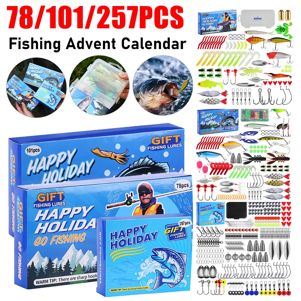 Señuelo de pesca con cuenta atrás, calendario de Adviento de Navidad, juego de señuelos de pesca de colores brillantes, regalos sorpresa para pescadores, 78/101/257 Uds.