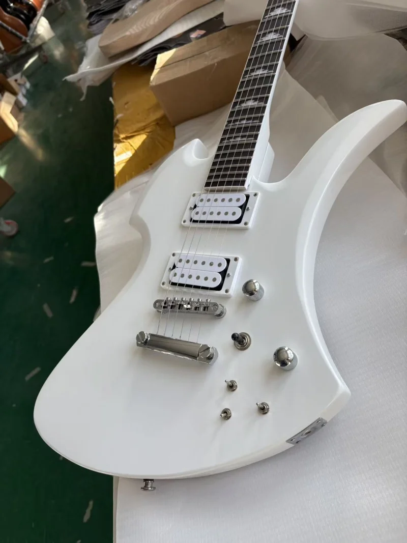 All-white 6-string electric guitar, made of solid wood, with high-gloss finish, active pickup, free delivery