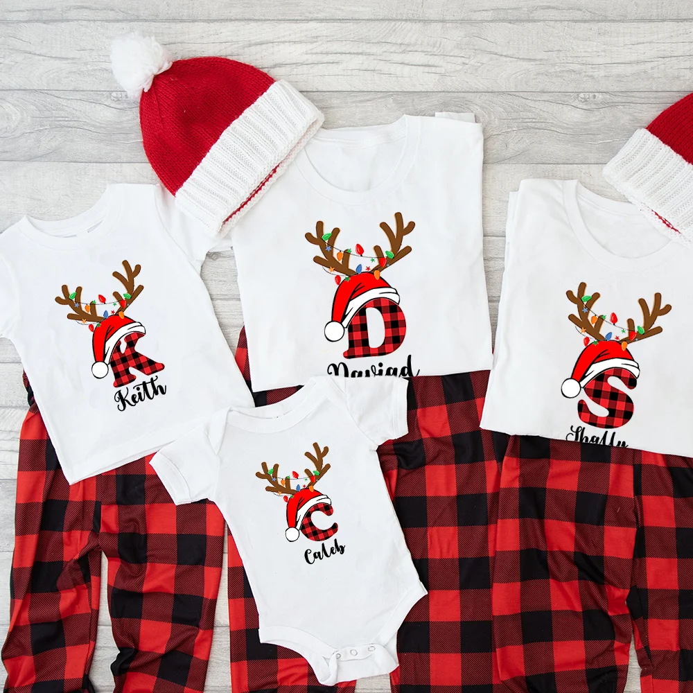 Personalized Christmas Family Matching T-Shirts Custom Name Mom Dad Kids Round Neck Shirts Newborn Short Sleeve Romper