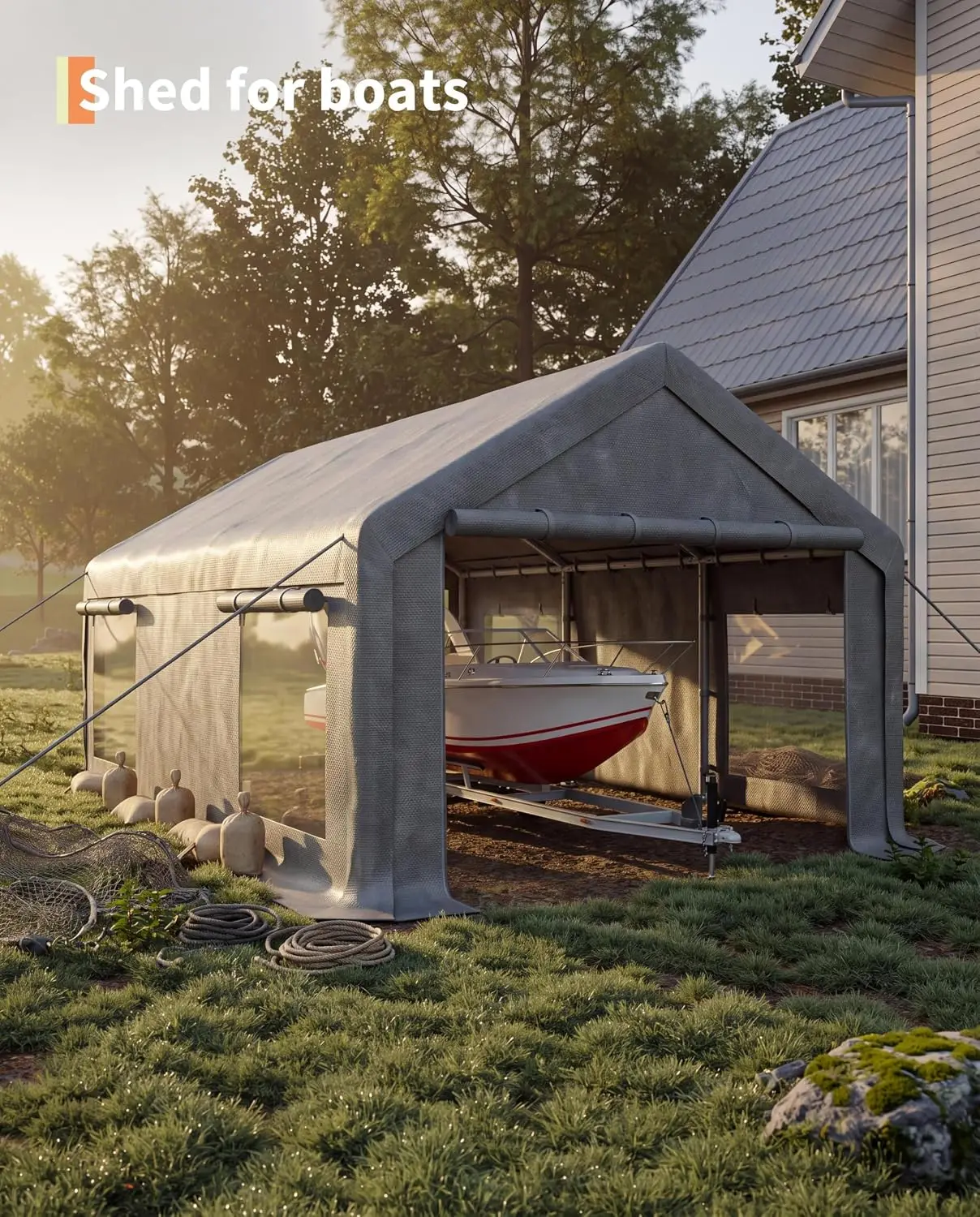 Car Port with 200g PE Tarp / Roll-Up Doors / 4 Windows / for Full-Size Pickups, Bass Boats, Tractors, and SUVs