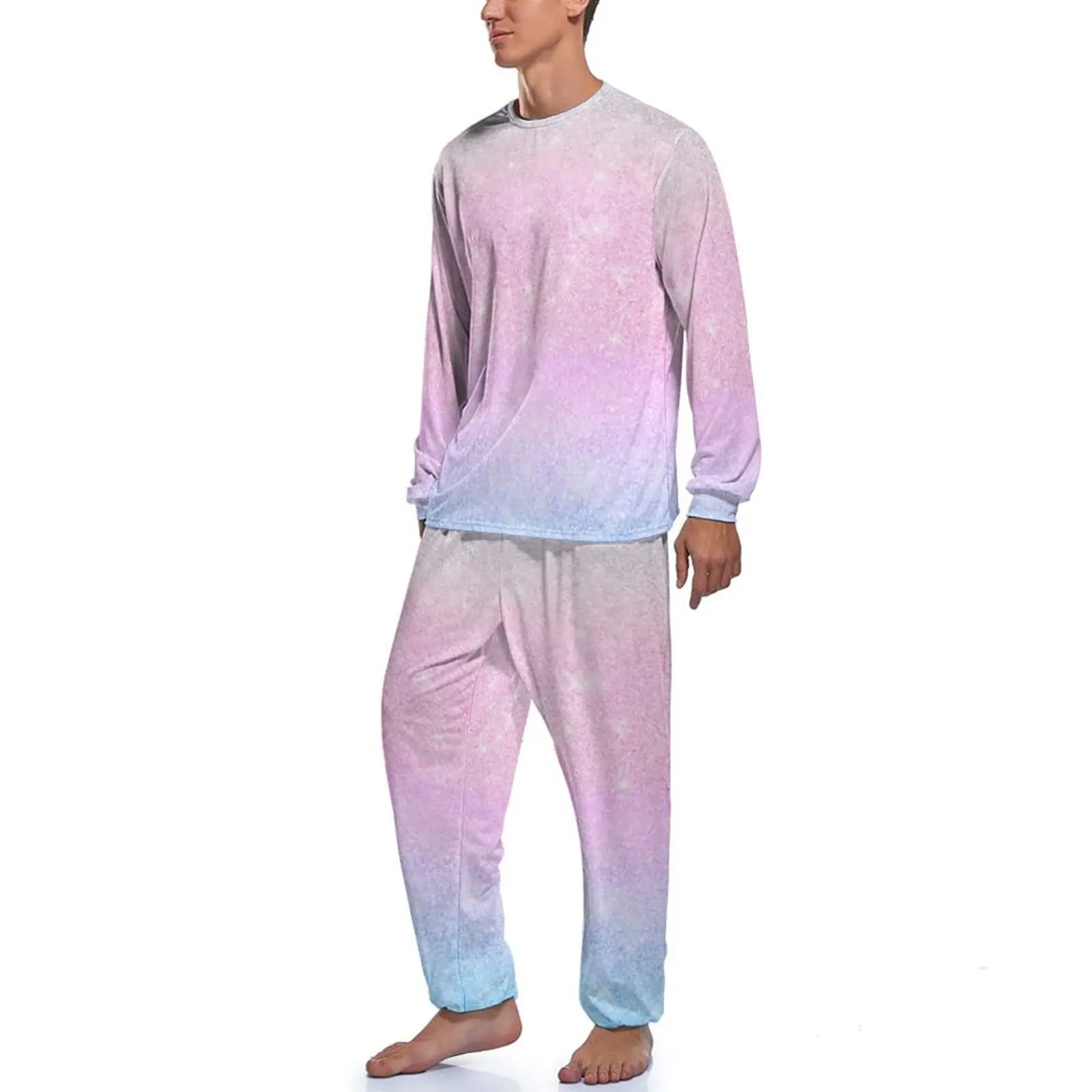 Pijama elegante de manga larga para hombre, conjunto de 2 piezas con estampado de purpurina de arcoíris, azul, rosa, ombré, ropa de dormir fresca con gráfico, otoño