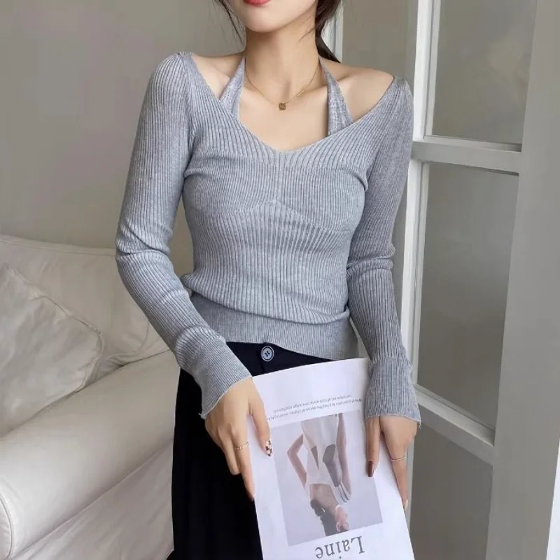 Col en v licou cou pull femmes mince à manches longues automne Design mode coréenne haut décontracté