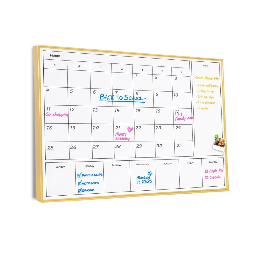 Calendário de apagamento a seco para parede com moldura de alumínio dourado, quadro branco de calendário semanal com amplificador mensal magnético de 31,5X 23,6 polegadas, E seco