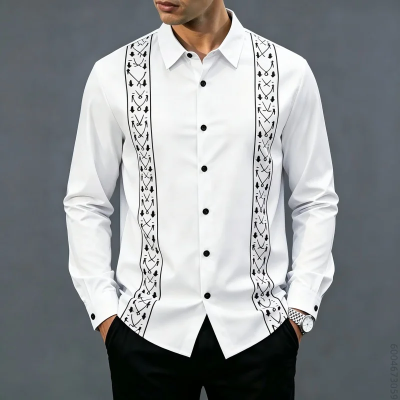 Men's long sleeved shirt with double-sided vertical stripe pattern printed top, fashionable, versatile and comfortable shirt