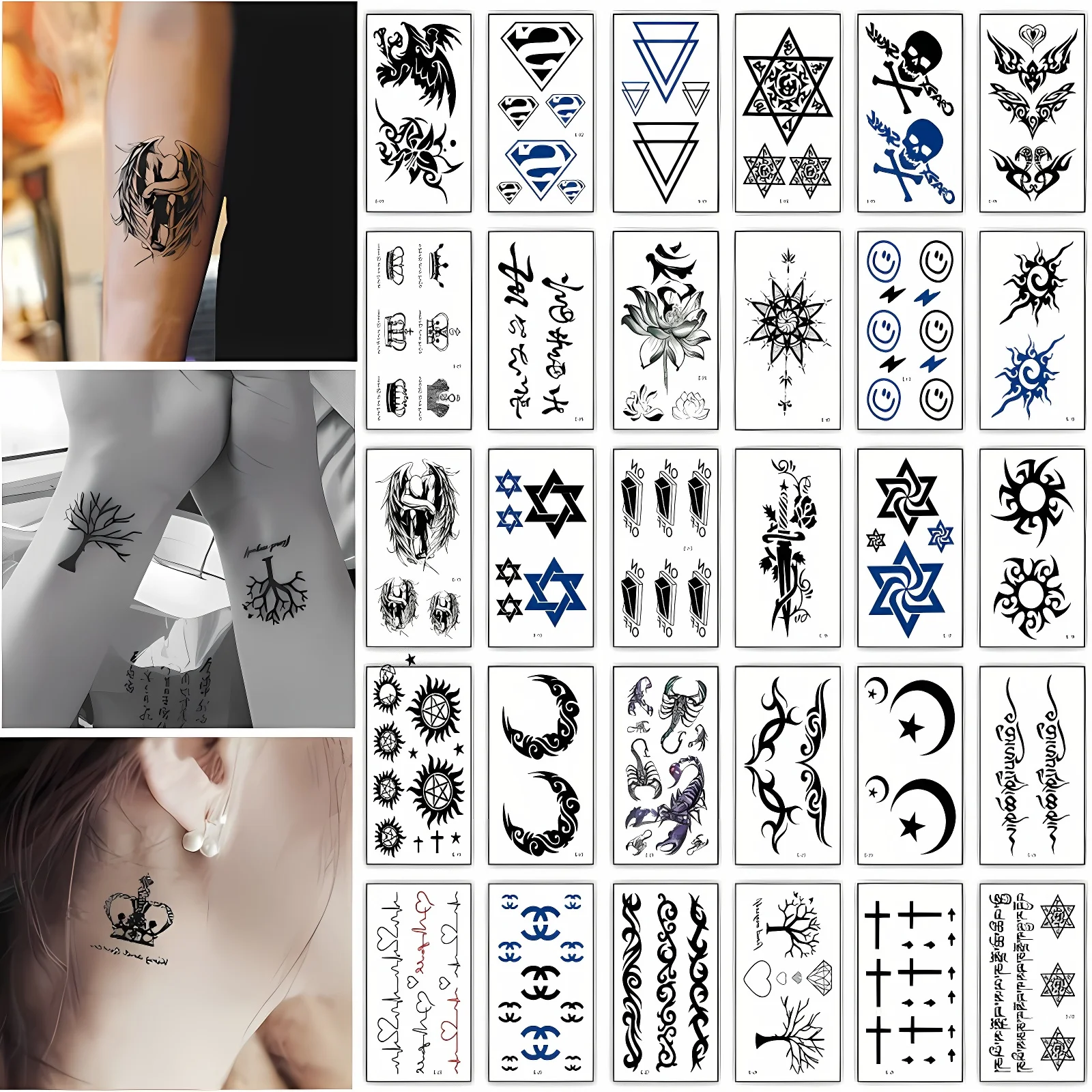 30pcs Black Temporary Tattoo Adhesive Small Crown Hawk Cross Totem Smile Face Transfer Tattoo for Men Teenager Leg Feet Ankle