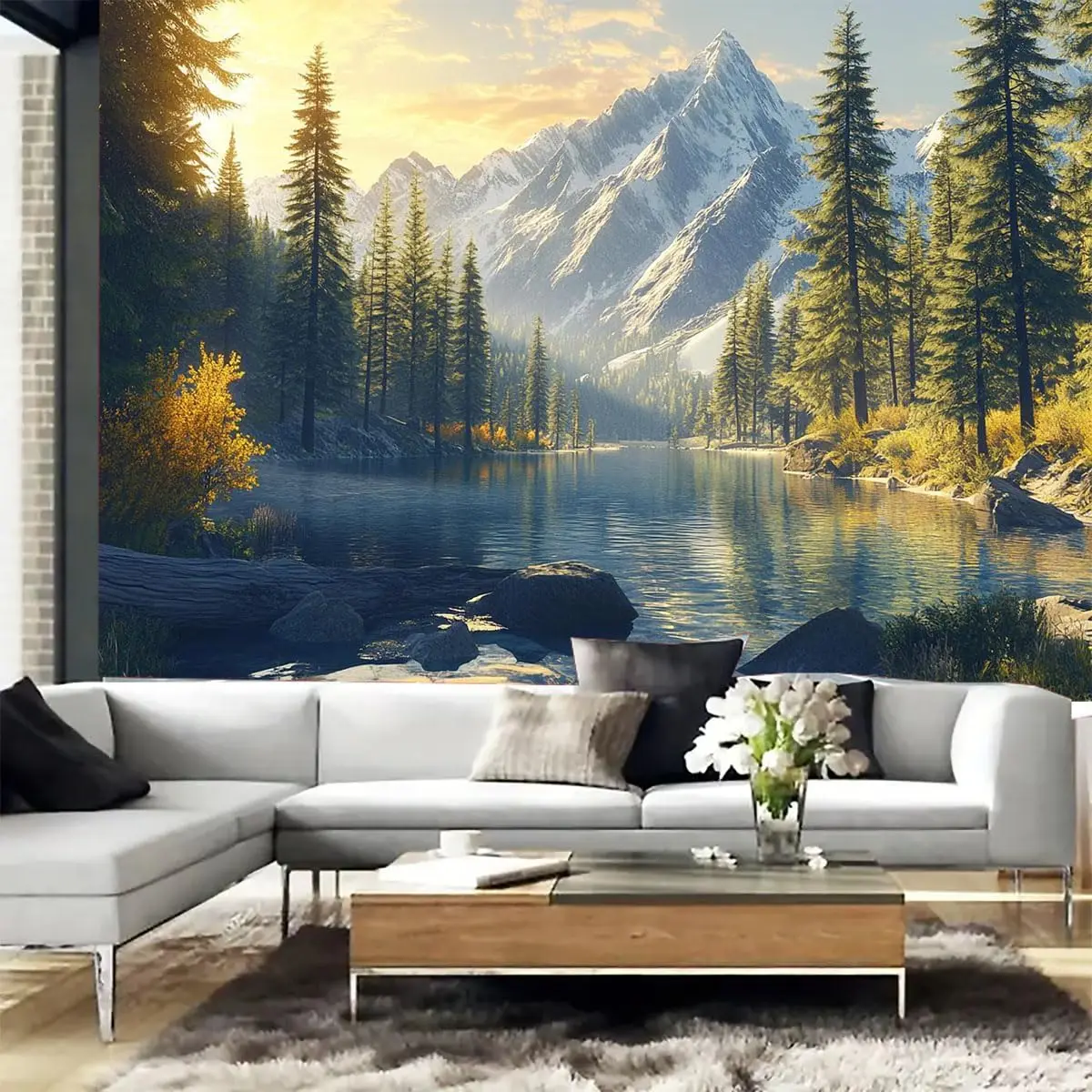 Tranquility Lake Snow Mountain Scenery Tapestry Wall Hanging, Nature Forest Plant Trees Pictures Art Wall Tapestries Blanket for