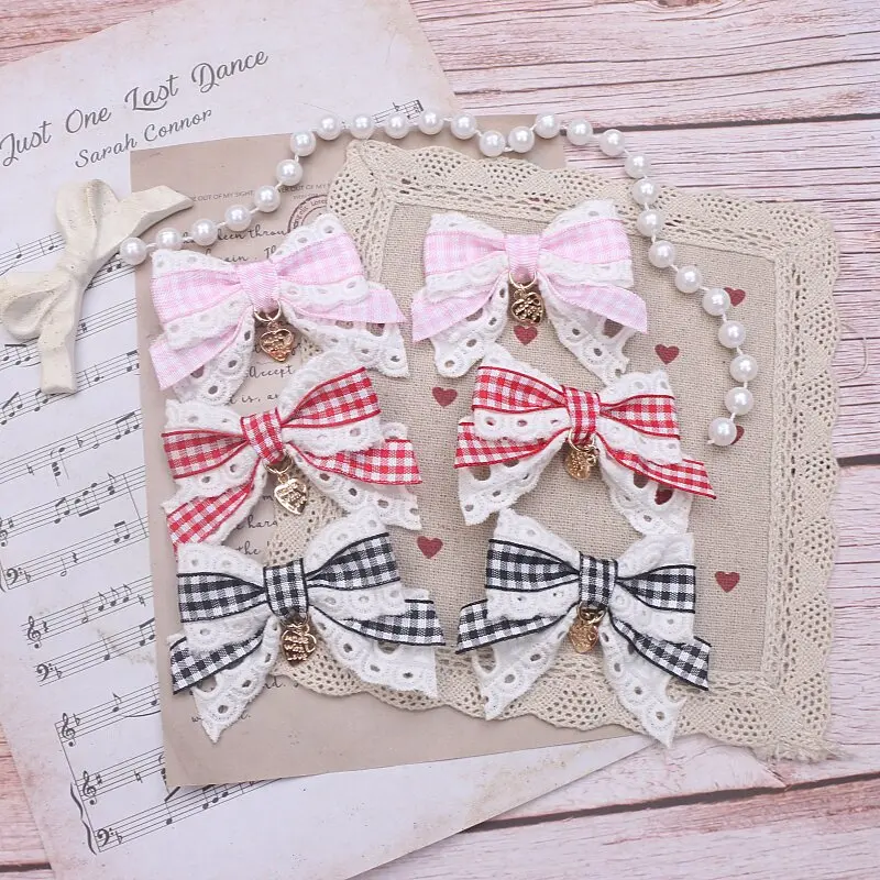 Lolita Hair Clip Pair Strawberry Plaid Embroidered Gingham Side Clips with Heart Pendant Women Soft Girl Hair Accessories