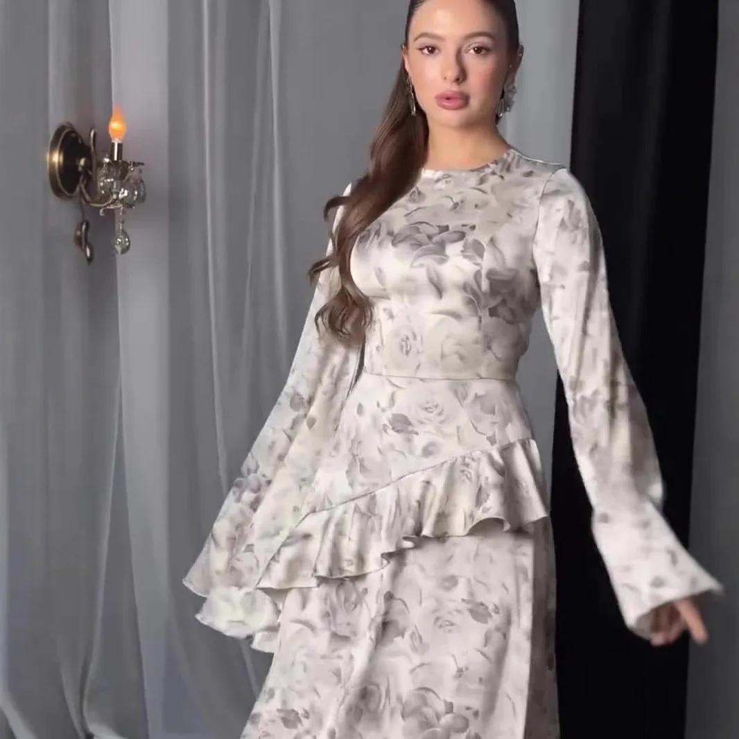 Luz de luxo mangas largas em torno do pescoço elegante moda criativa impresso design vestidos elegante vestido de baile senhora magro ajuste vestido