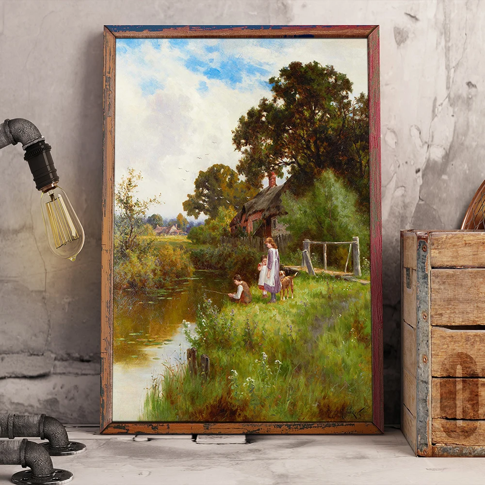 Classical Art Wall Decor The Children are Fishing Painting Printed On Canvas Home Decor Items Illustration