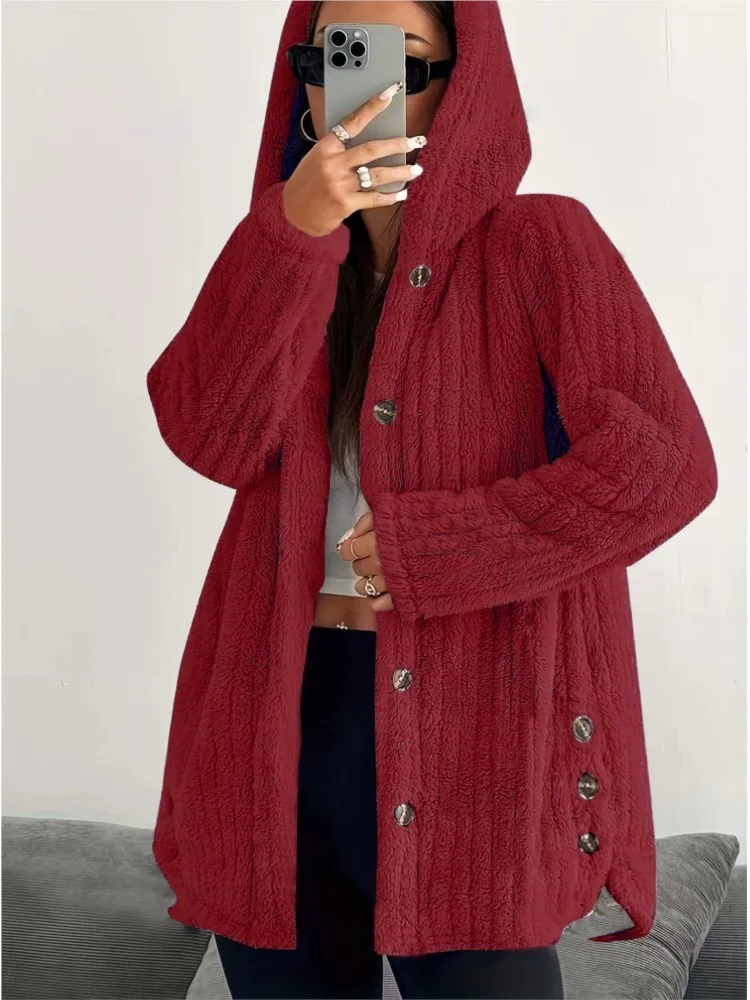 Winter Hoodie Warm Women's Coat Fashion Single-breasted Split Retro Casual Loose Plush Female Coat 2025