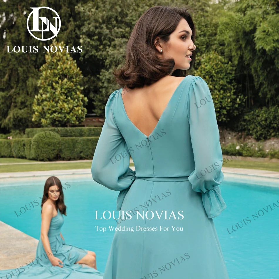 LOUIS NOVIAS Chiffon Bridesmaid Dresses Sexy Romantic Sexy V-Neck Thigh Split Long Sleeves Elegant Dress Women For Wedding Party