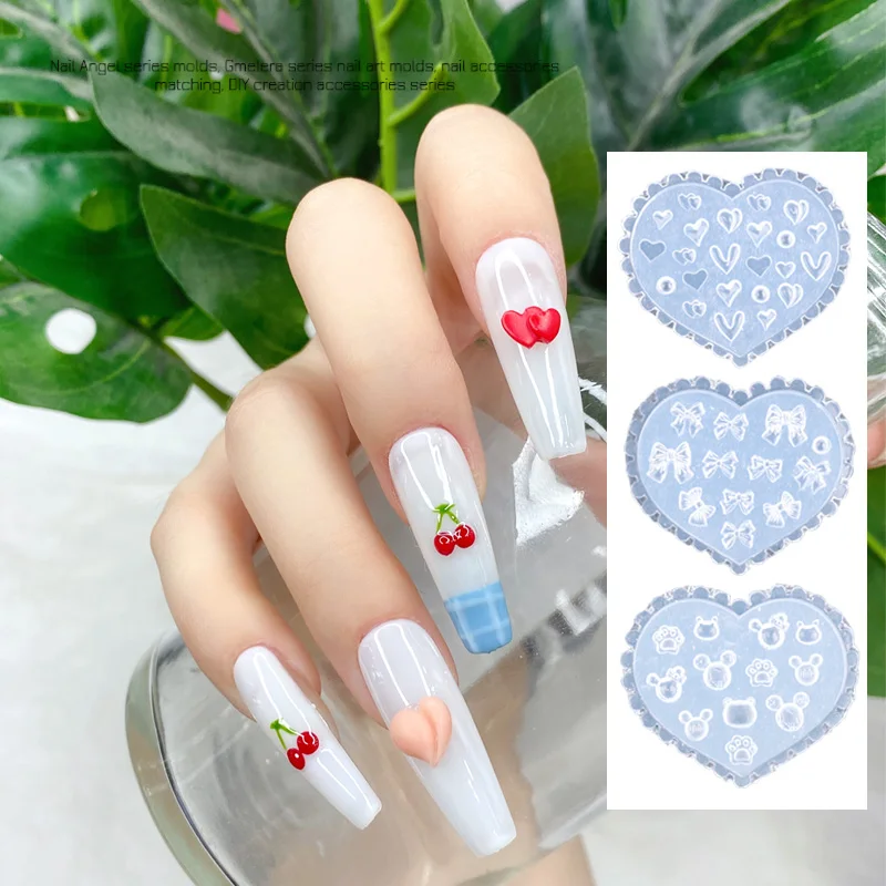 TSZS 1pcs/Lot Japanese Soft Silicone Nail flowe Heart Bow Mold 3D Silicon Carved Cartoon Template Nails Accesories For Salon