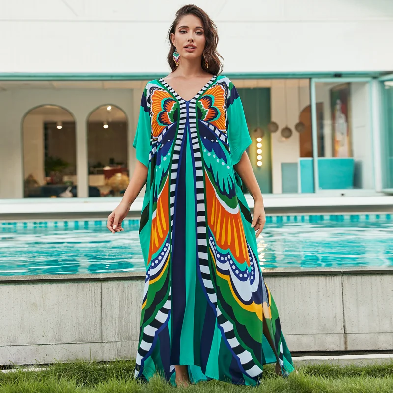 Plus Size Boho Cover Up abito allentato donna Summer Tie Dye Kaftan Print manica a pipistrello a righe con scollo a V Split Maxi Beachwear Dress