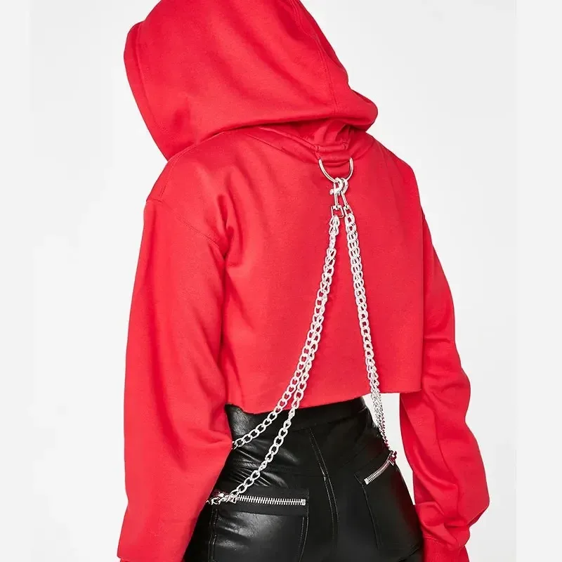 Sexy Black Red Cropped Hoodie Women Gothic Punk Loose Chain Patchwork Pullover Sweatshirt Lady Fashion Streetwear Hooded Top