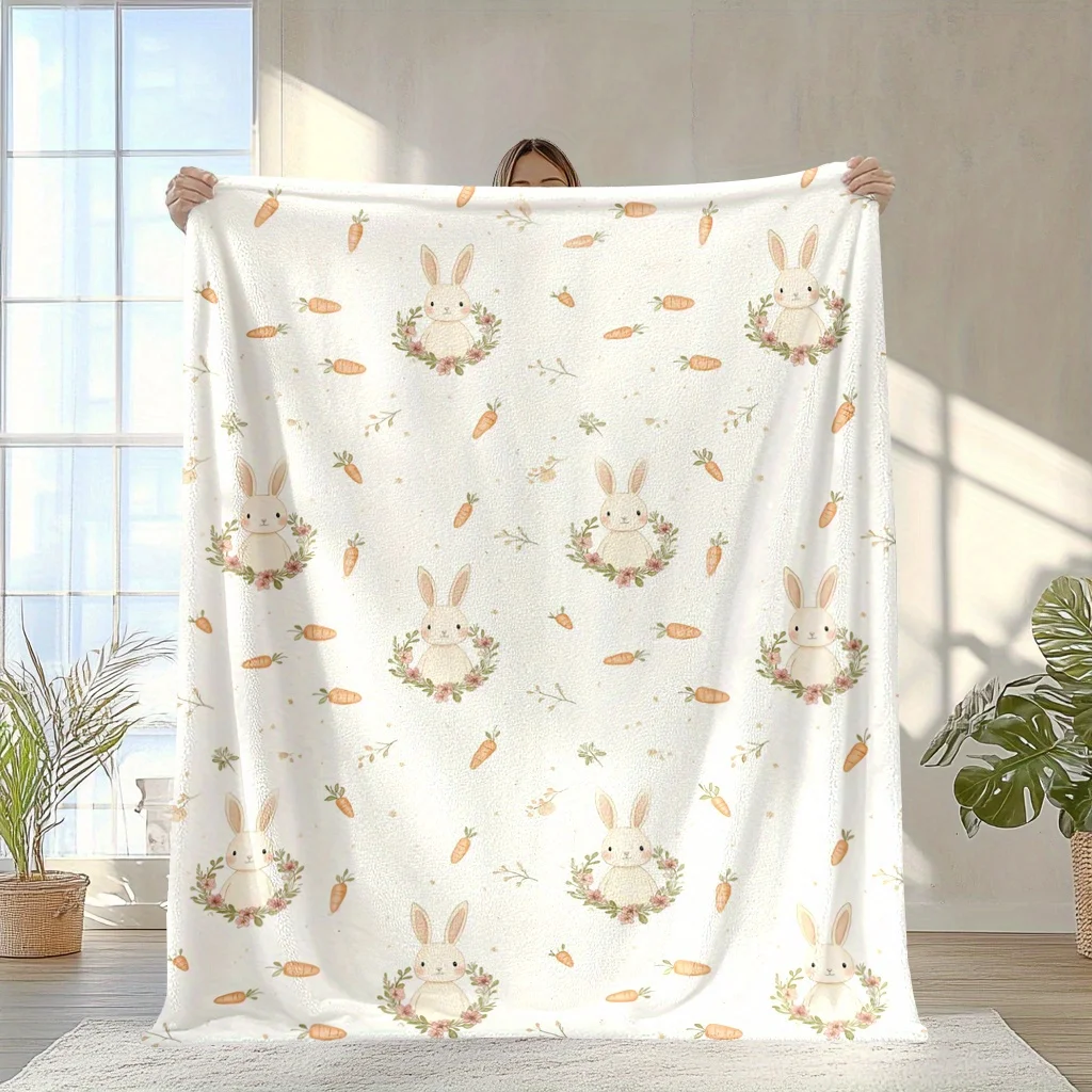 1pc of Adorable Rabbit and Carrot Print Blanket - Soft, Warm Polyester, Suitable for Naps, Camping, Travel, and Office Decor - M