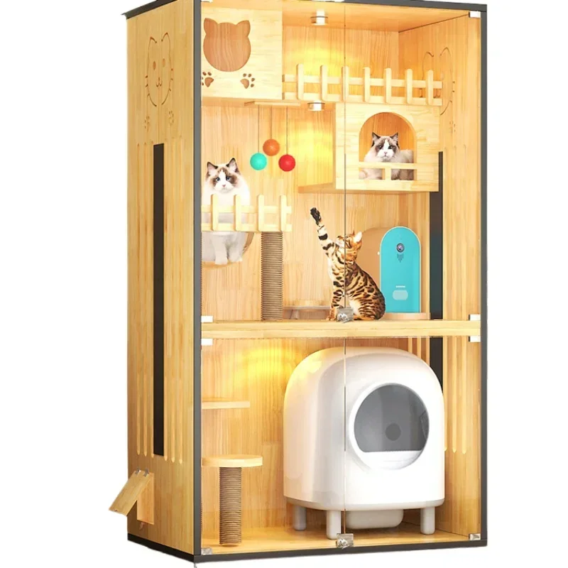 Luxury Cat Villa Home Cat House Indoor Solid Wood Waterproof Cattery Non-Covering Cat Cage Automatic Litter Box Cabinet