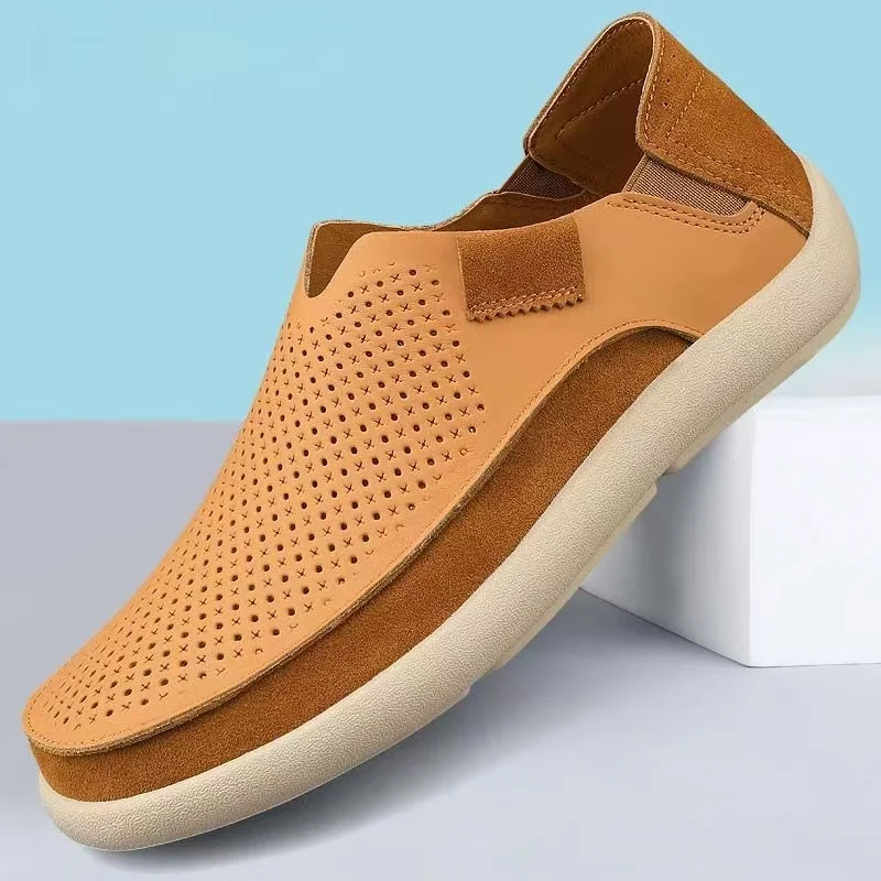 

Man Genuine Leather Hollow Out Casual Shoes Spring Summer New Soft sole Non Slip Round Toe Slip On Dual Purpose Lazy Slippers