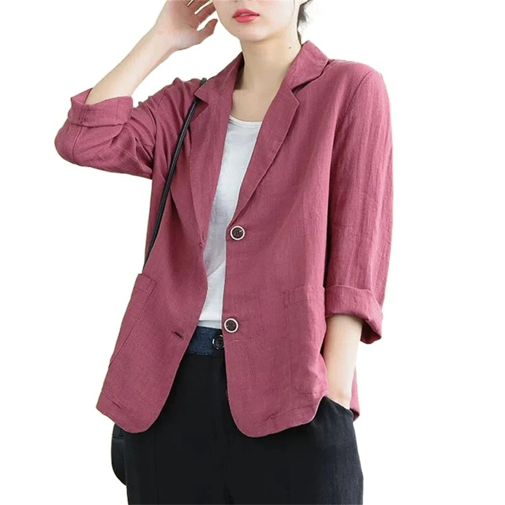 Loose Cotton Linen Blazer Coat Summer New All-match Long-sleeved Top Casual Temperament Single Breasted Suit Outerwear For Women