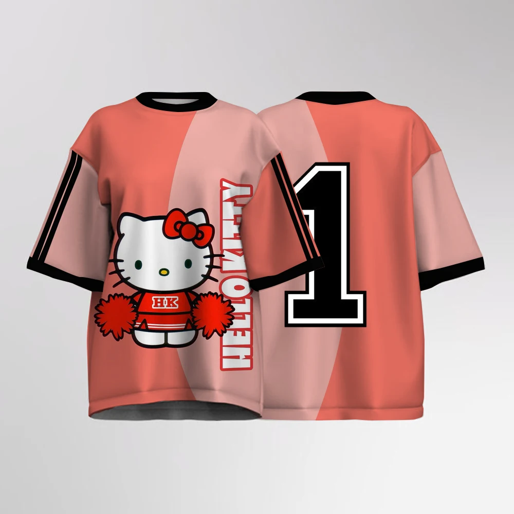 

Женские трикотажные рубашки с принтом «Hello Kitty» Y2k, футбольные рубашки большого размера с круглым вырезом и графическим номером, топы