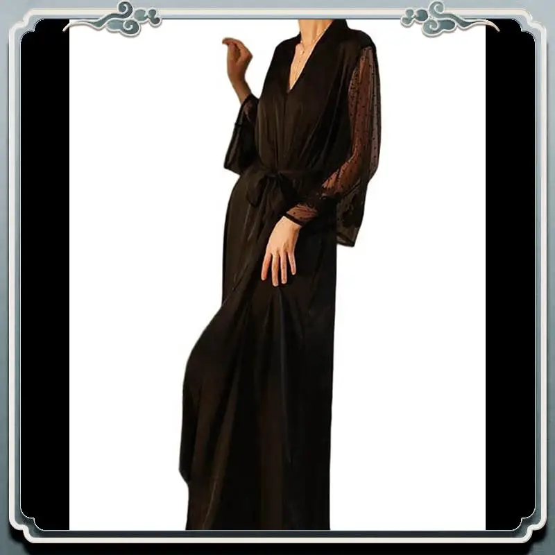 AC76-Women's Long-Sleeved V-Neck Satin Extra-Long Nightgown Spa Dressing Gown Bathrobe Nightgown Black S