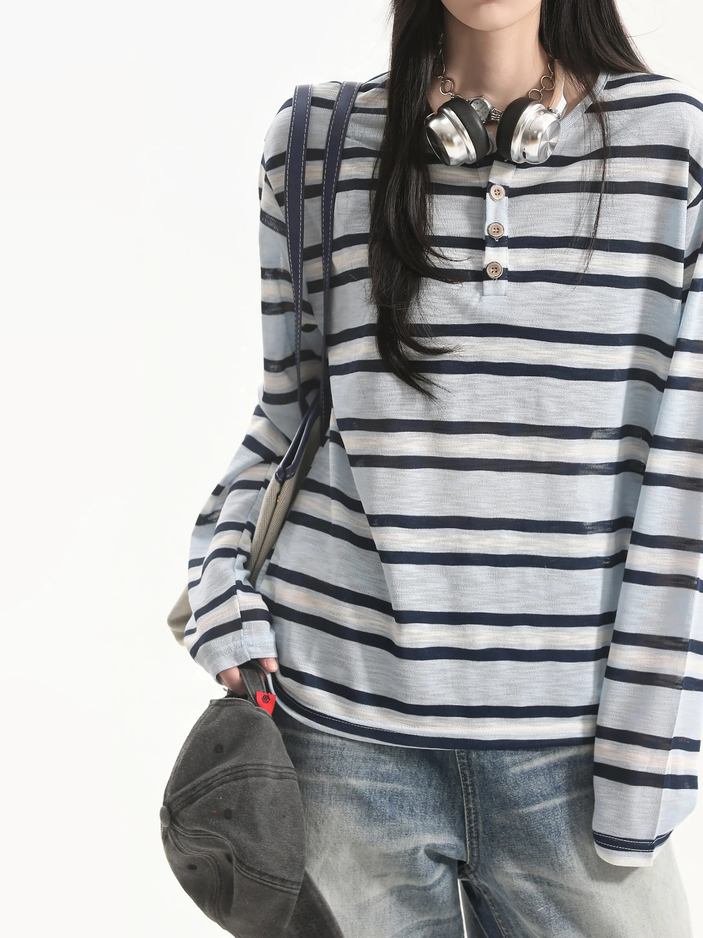 Early Autumn Korean Style Lazy Color Block Stripe Henry Collar Knitted Long Sleeve Semi-Transparent Cover up T-Shirt Casual L...