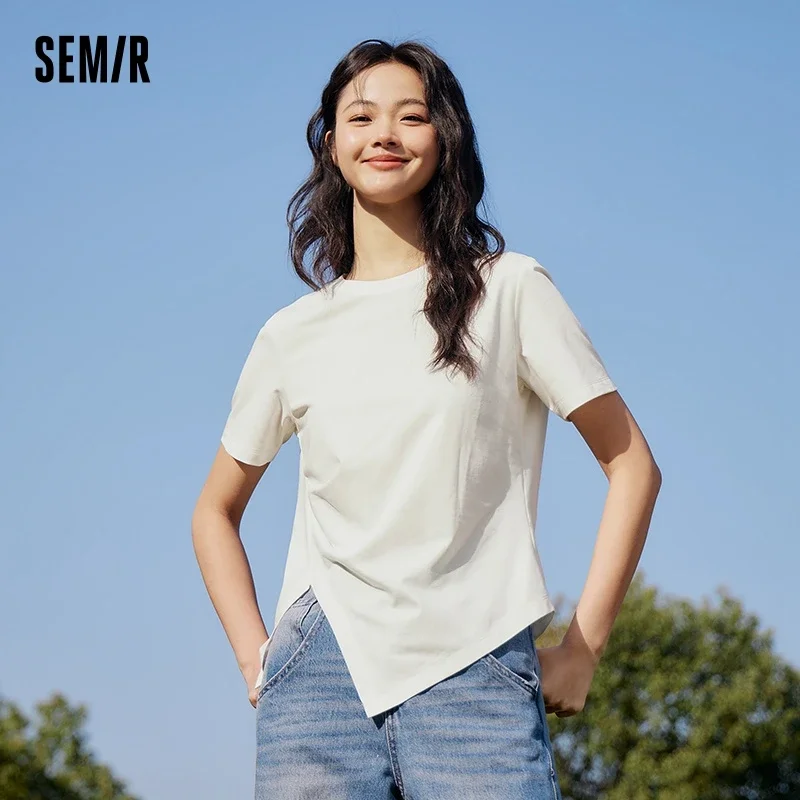 Semir Short-Sleeved T-Shirt Women Antibacterial Cooling Sensation Irregular T-Shirt 2024 Summer New Personalized Solid Color Top