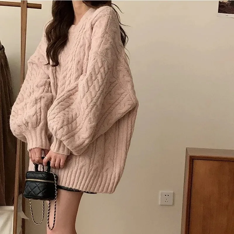 

Women's knitted sweater, loose fit, long sleeve, round neck pullover, fashionable pure color, versatile, college style pullover