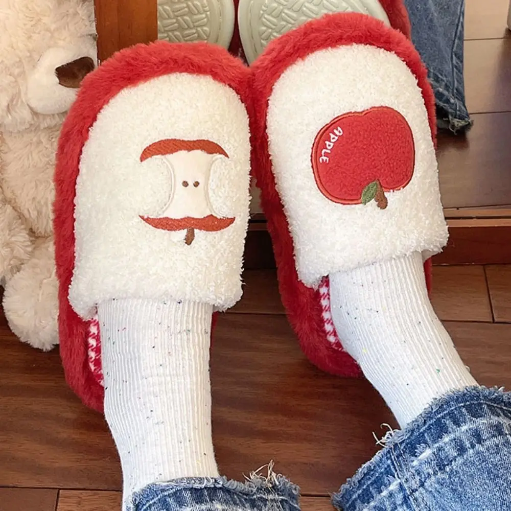 

Sweet Grid Stripe Cute Plush Slippers Thick Sole Non-Slip Winter Slides Women Silent Casual Home Wear Shoes Men