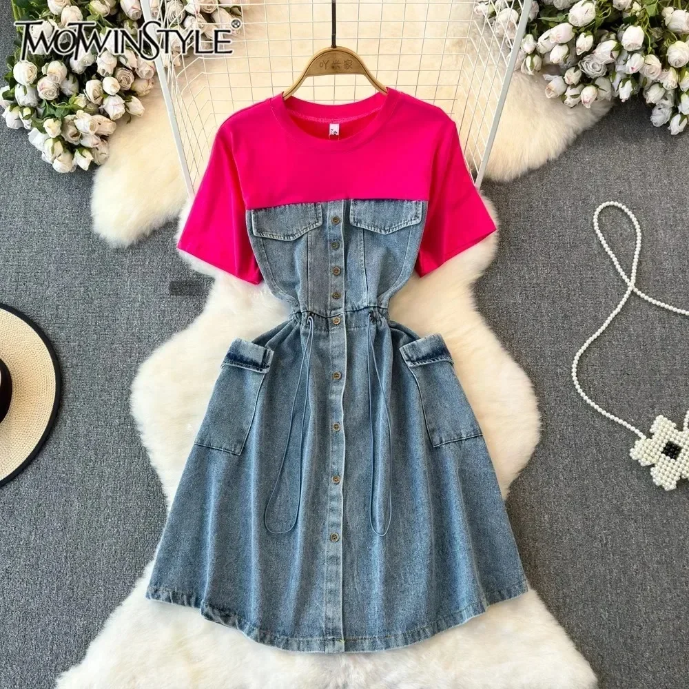 

TWOTWINSTYLE Spliced Pocket High Street Dress For Women O Neck Short Sleeve Patchwork Raw Denim Pullover Dress Female KDR521973