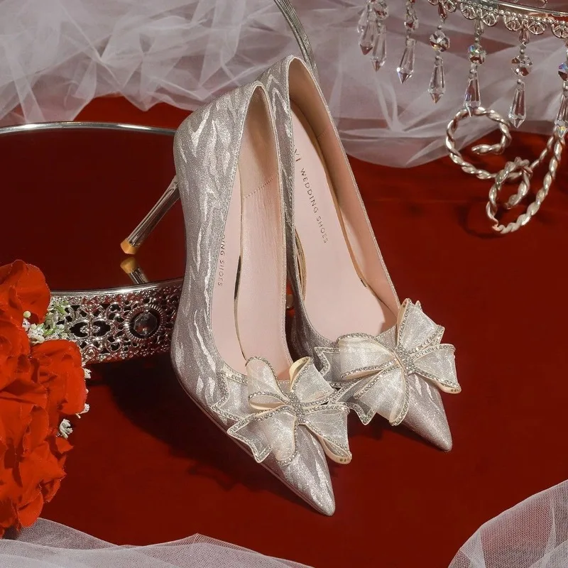 

Shoes for Women Silver Crystal Butterfly Knot Pointed Toe High Heels Elegant Luxury Party Wedding Women's Stiletto Zapatos Mujer