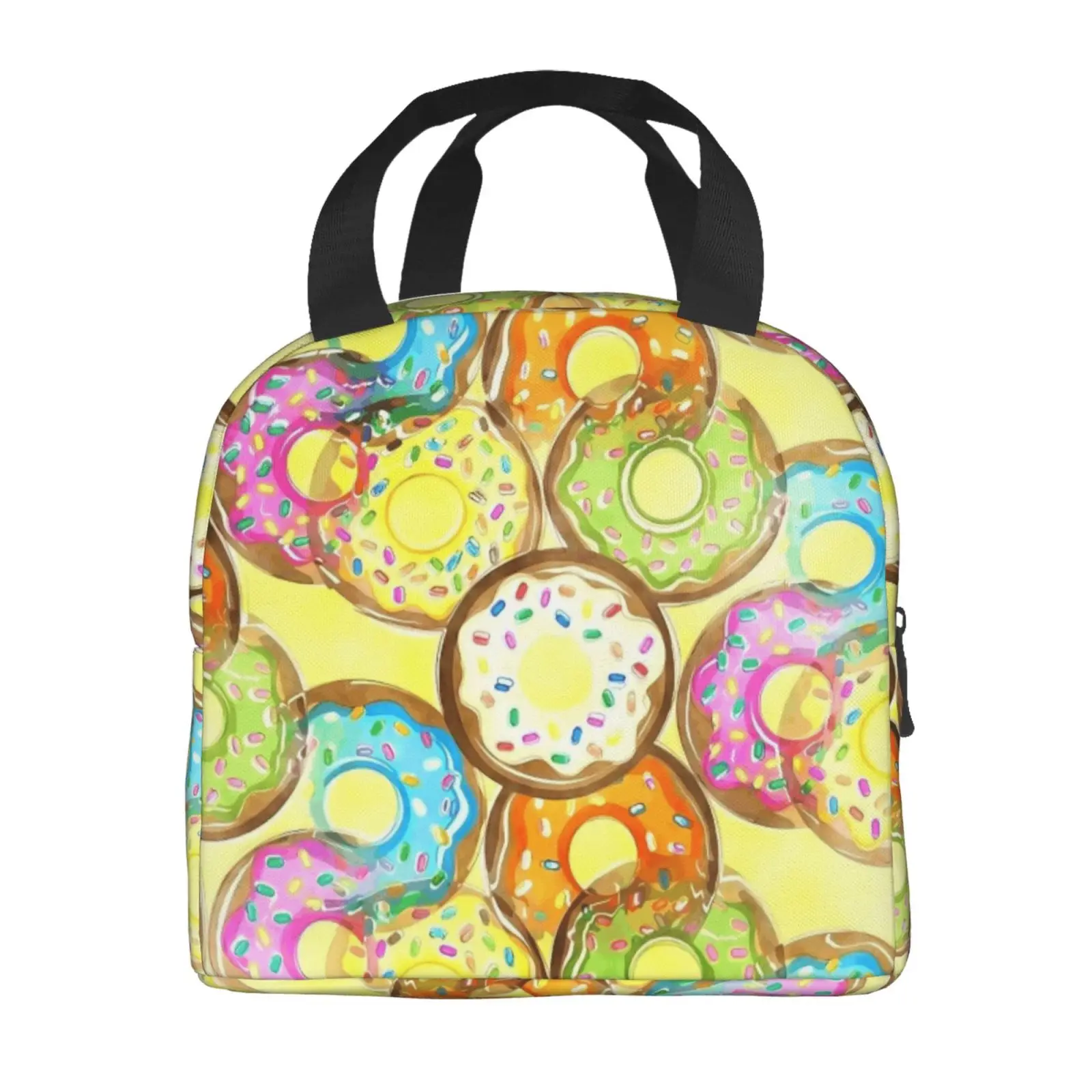 Colorful Cute Sweet Doughnuts Pattern Lunch Tote Bag Insulated Leakproof Lunch Box Container with Front Pocket for Girls Boys