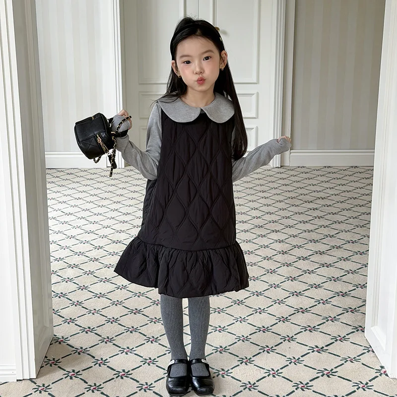 New Arrival Girls Quilted Winter Dress Warm Princess Sleeveless Dress with Mermaid Lace Hem Cute Playful Kids Outfit