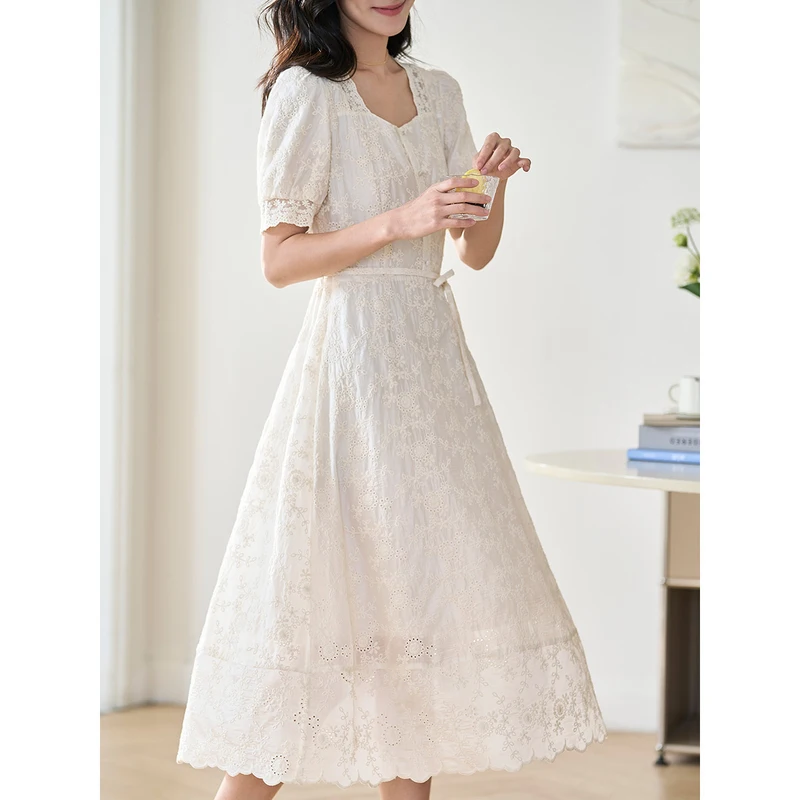 INMAN Women Dress 2023 Summer Puff Sleeve Square Neck Slim Waist Lace Embroidery French Style Elegant Mid-length Skirt