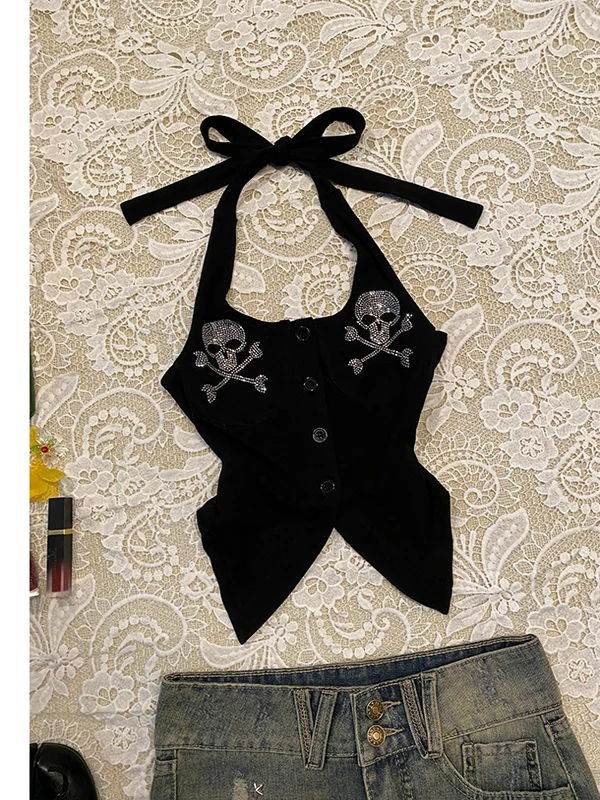 التصميم الأصلي الجمجمة نمط حجر الراين بالتفصيل Bla حزام أعلى المرأة خمر Sle الصيف القطن مزيج تانك الأعلى